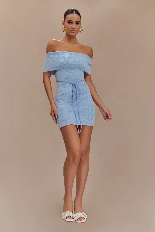 Chic Style Mallory Off Shoulder Embroidered Knit Mini Dress - Ice Blue