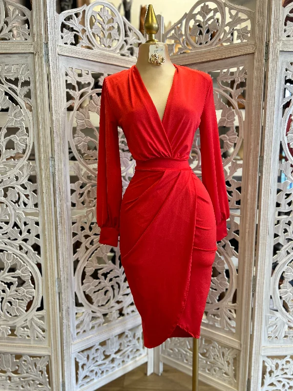 Huge Discounts This Week Red  Draped Midi Dress- Very Stretchy