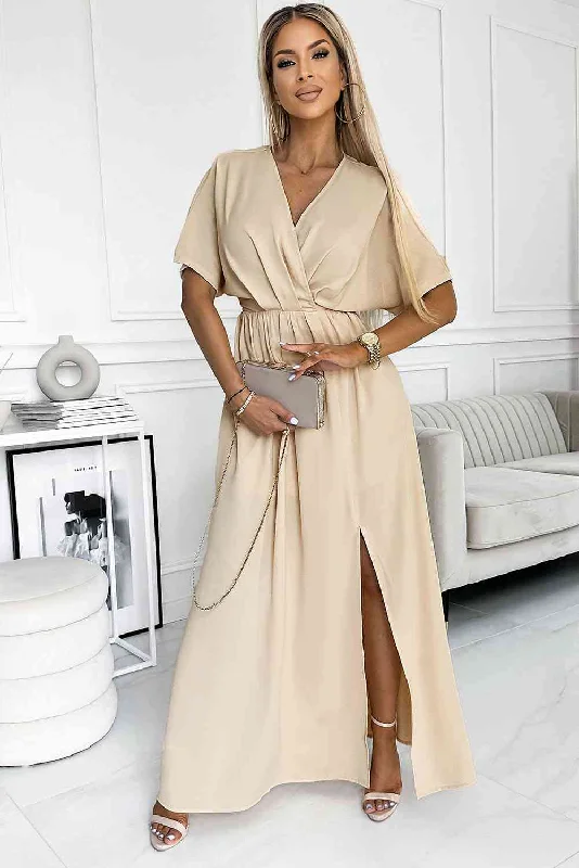 Trendy Street Style Attire Surplice Neck Slit Maxi Dress