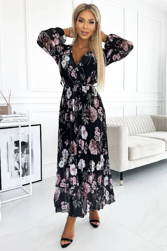 Elegant Style Numoco Basic 502-1 Pleated midi dress with a neckline, long sleeves and a tie at the waist - black with pink flowers