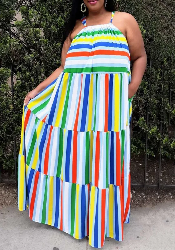 Additional Time-Limited Offers HI CURVY Plus Size Multi Stripe Halter Neck Flare Maxi Dress