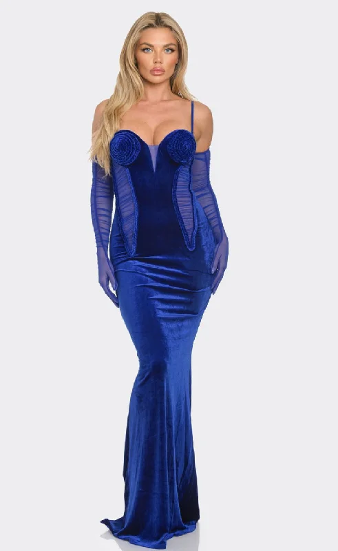 Boutique Styles Glamour Girl Blue Velvet Braided Rope Maxi Dress