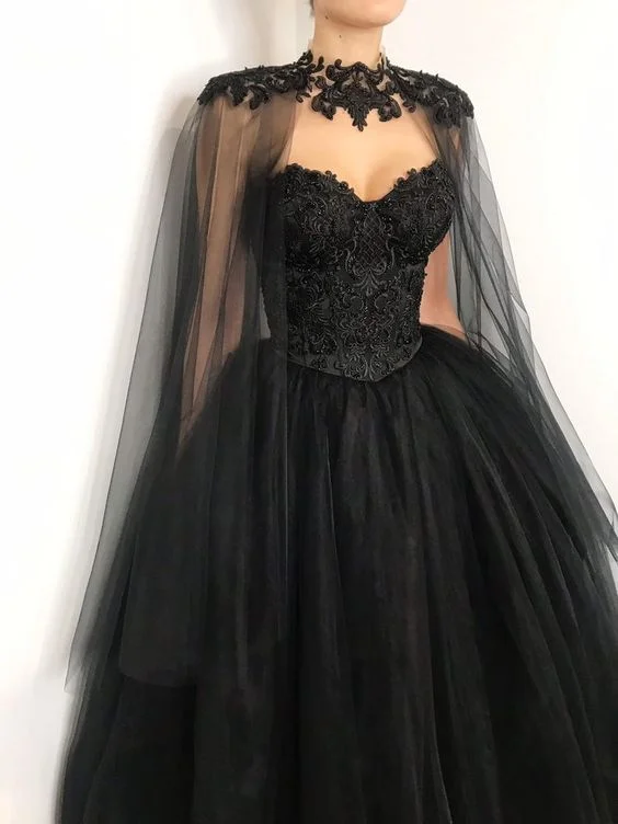 Chic Trend Collection corset lace wedding dress with cape, heavy beading fantasy gown, black tulle wedding prom dress    cg22036