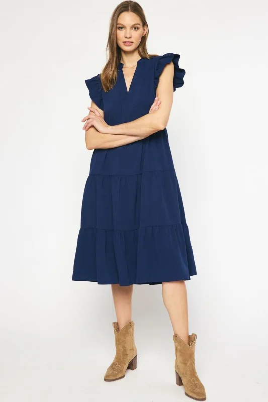 Fashion Forward Femininity Ruffled Pocket Tiered Midi Dress, Navy