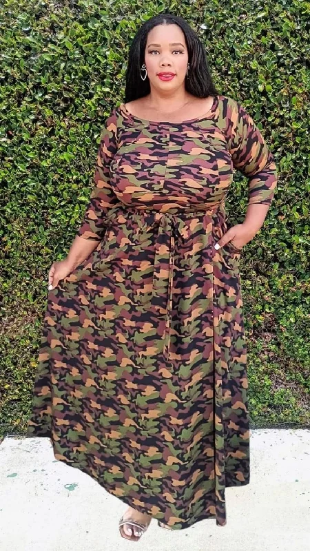 Flash Sale, Don't Miss HI Curvy Plus Size Women Flare Camouflaged Maxi Dress with Pockets