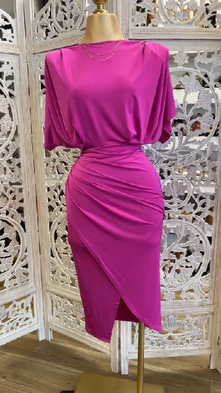 Flash Sale Now Draped Magenta Midi Dress- Stretchy