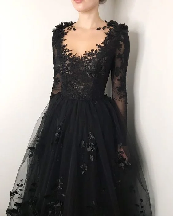 Chic Outfits Black floral gothic wedding dress, black flower tulle lace dress, alternative bridal gown prom dress long formal gowns    cg19132