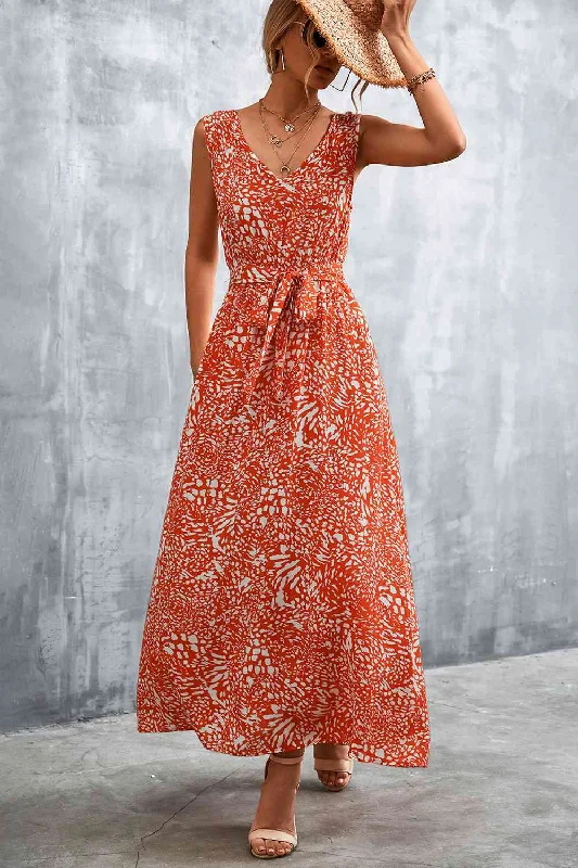 Trendy Attire For Her Printed V-Neck Tie Waist Maxi Dress