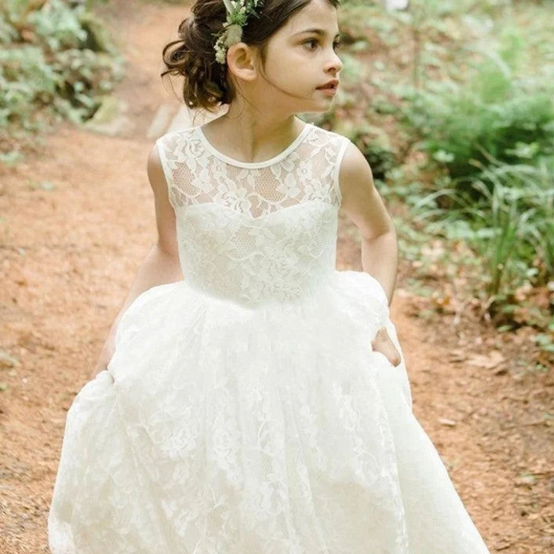 Versatile Wardrobe Essentials Vintage Sweet O Neck  Ivory Lace Flower Girl Dresses for Weddings Girls first communion dresses