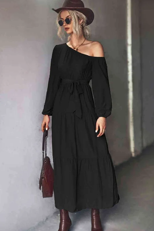 Innovate Your Wardrobe Belted One-Shoulder Tiered Maxi Dress