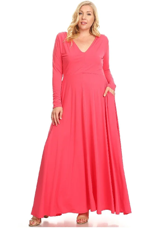 Save Big Plus Size Long Sleeves V-Neck Flare Maxi Dress