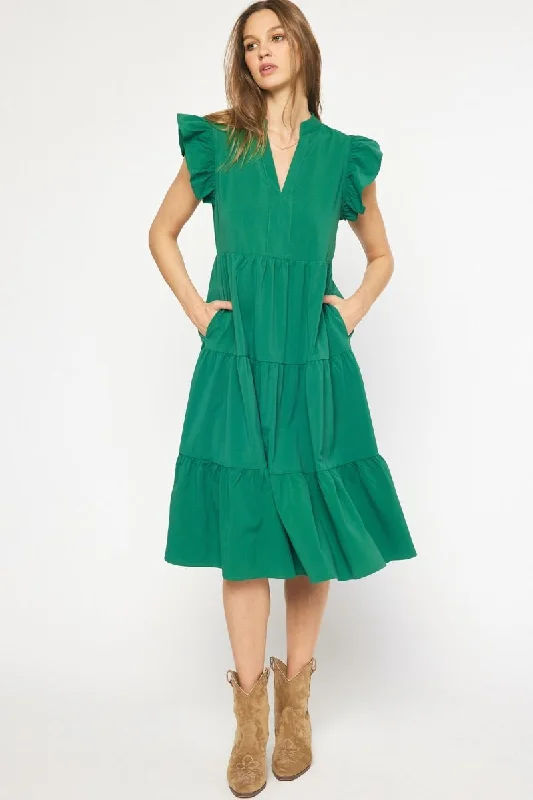 Trendsetting Threads Ruffled Pocket Tiered Midi Dress, Green