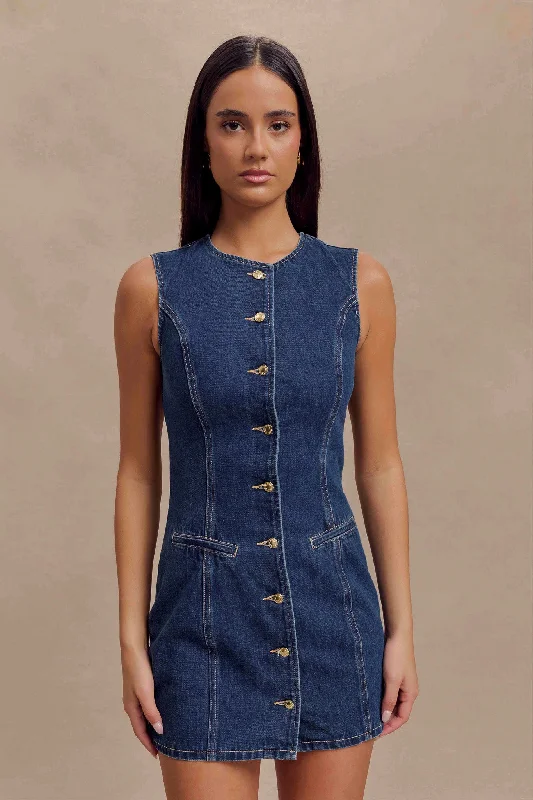 The Epitome Of Modern Women's Fashion Jane Button Down Denim Mini Dress - Dark Blue