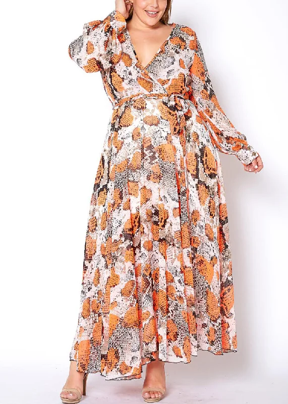 Massive Savings Hi Curvy Plus Size Women Orange Snakeskin Chiffon Maxi Dress