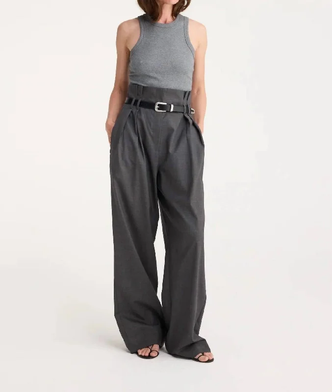 Fashion-Forward High-Waisted Paperbag Trousers In Dark Grey Melange