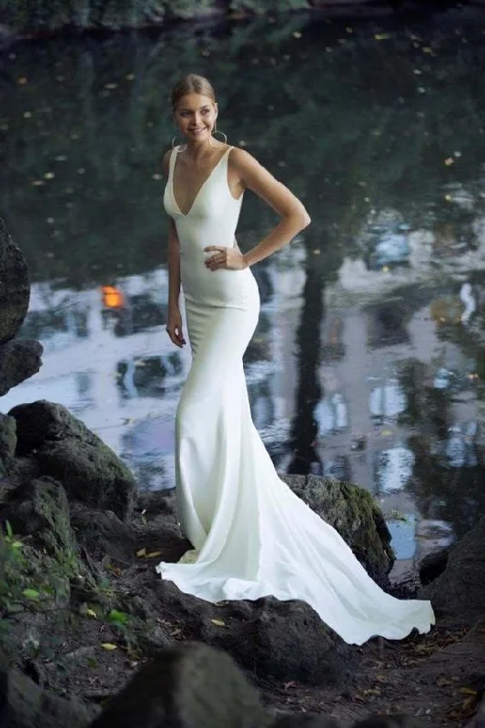 Shop Our Looks Ivory Beach Mermaid Wedding Dresses, Sexy Deep V Neck Simple Elegant Bridal Gowns prom dress   cg9202