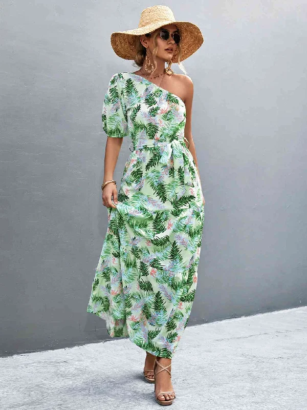 Trendy Styles Printed Tie Waist One Shoulder Maxi Dress