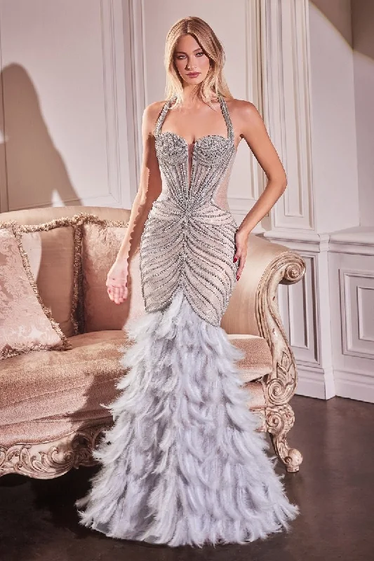 Effortless Style, Endless Impact Ladivine CC4030 Size 2,6 Silver Sheer Pearl Sequin Feather Mermaid Prom Dress Corset Halter Formal Evening Gown