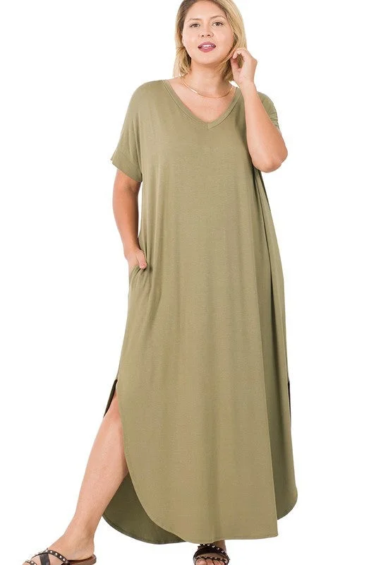 Hot Picks Hi Curvy Plus Size Women Viscose Side Slit V-Neck Maxi Dress