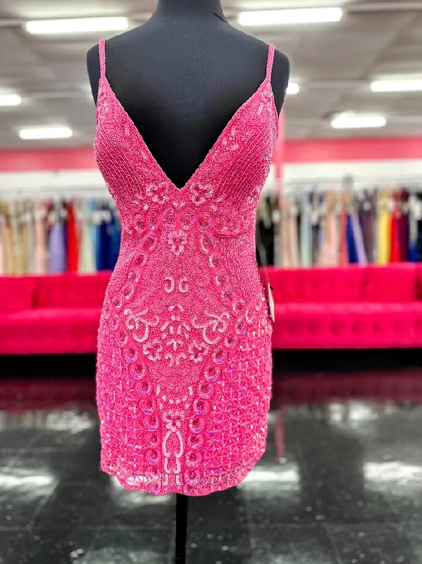 Absurdly Cheap Sale Jovani 36425 Size 8 Hot Pink Short Cocktail Dress Sequin Beaded V Neck Formal Evening Cocktail Gown