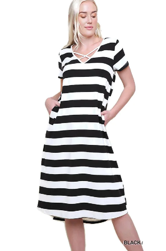 Urban Femme Streetwear Striped T-Shirt Midi Dress, Black / White