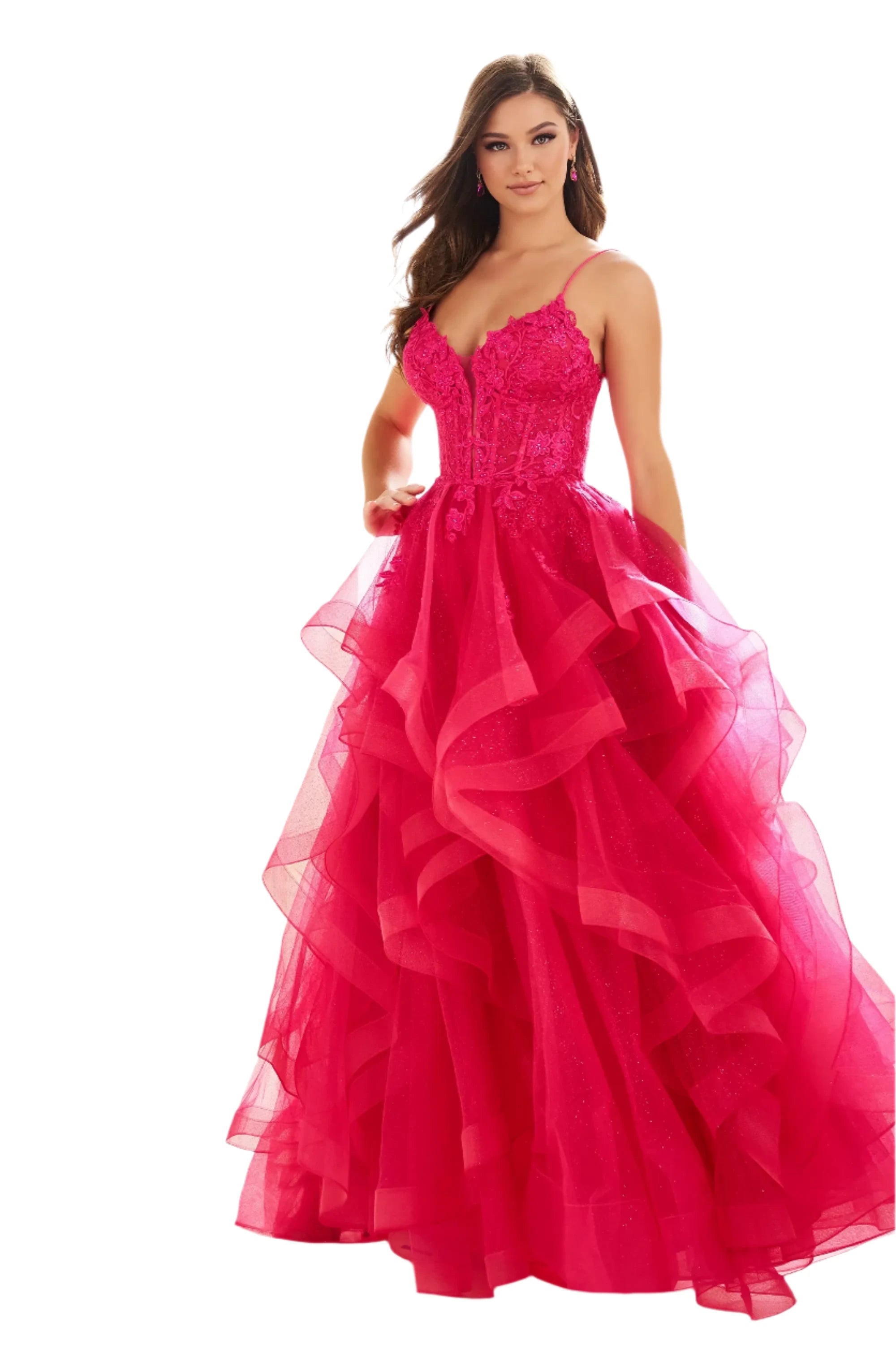 Casual Fashion Ellie Wilde EW36203 Size 0 Fuchsia Ruffle A Line Sheer Lace Corset Prom Dress Formal evening Gown Shimmer