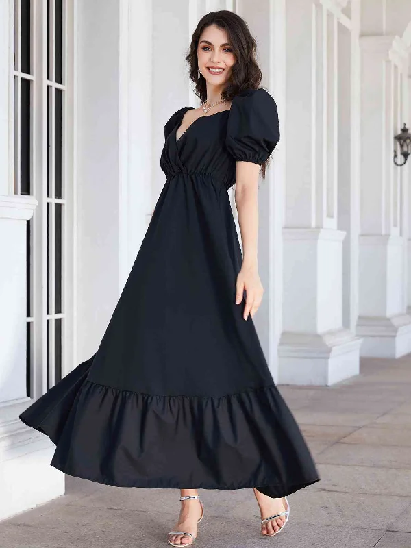 Chic Style, Always In Vogue Surplice Neck Ruffle Hem Balloon Sleeve Maxi Dress