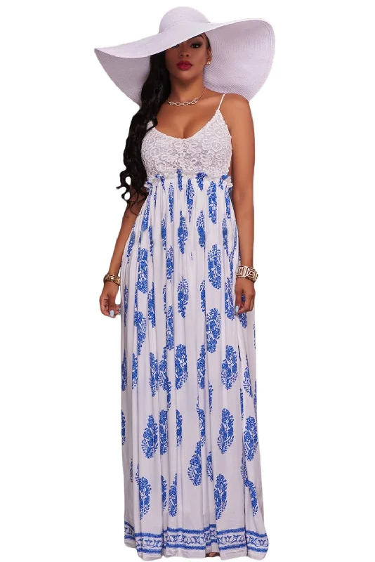 Father's Day Deals JuliaFashion - 2024 White Blue Print Open Back Maxi Dress