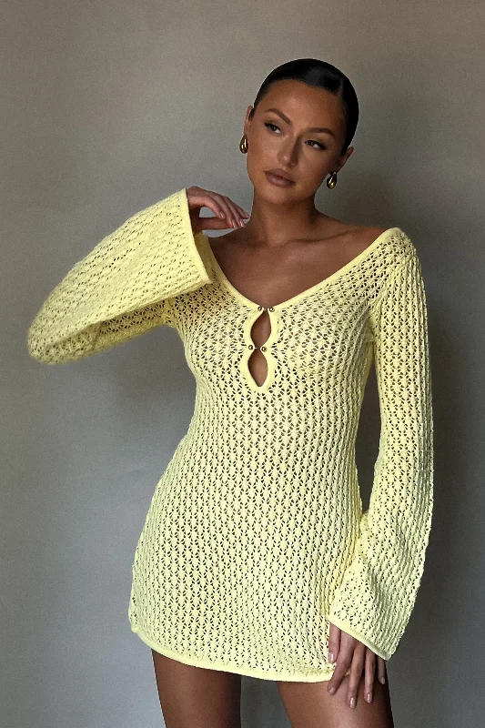 Trendy Street Style Attire Kayleigh Crochet Knit Mini Dress - Lemon