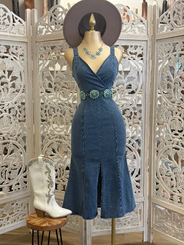 Limited Edition Denim Cross Fromt Midi Dress- Slightly Stretchy