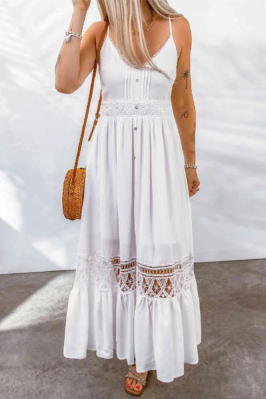 Limited Styles Buttoned Spliced Lace Spaghetti Strap Maxi Dress