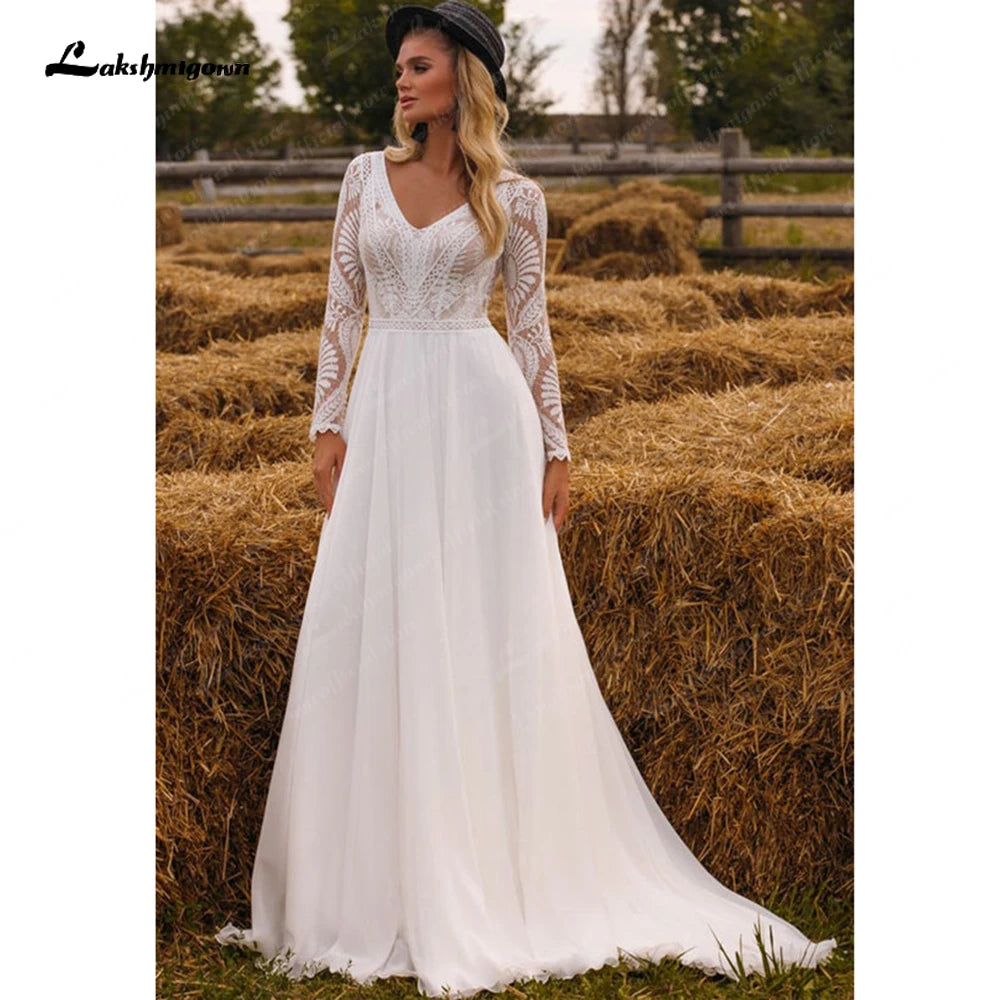 Casual Fashion Roycebridal Chiffon V Neck Long Sleeve Bridal Dress Sweep Train Lace Open Back Bohemian Boho Beach Wedding Dress Wedding Gown