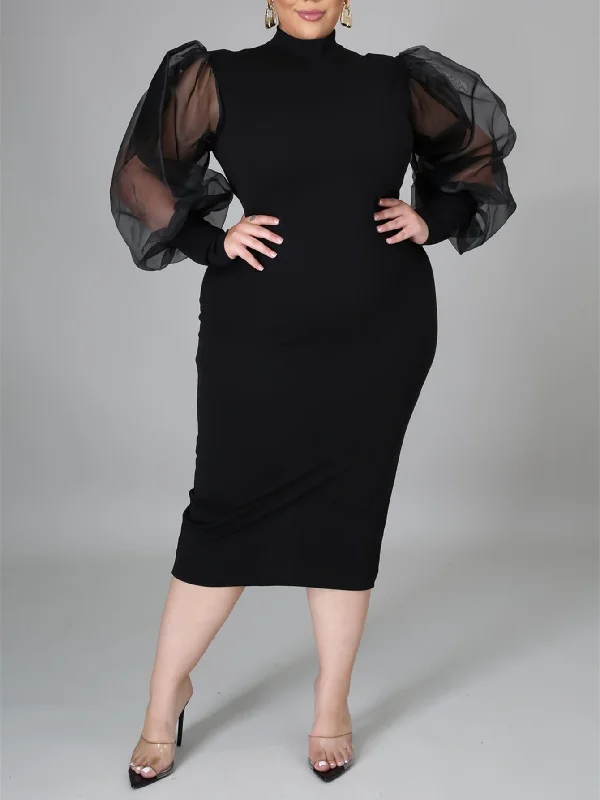 Final Sale KittenAlarm - Fashion Puff Sleeve Plus Size Party Midi Dress