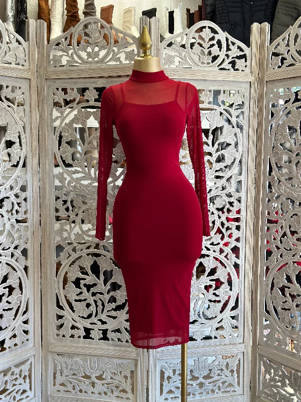 Trend Setting Wardrobe Red Mesh Mock Neck Midi Dress