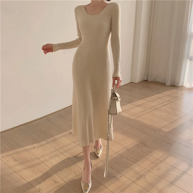 Update With Cottagecore Styles Julia Fashion - Women's Kintted Square Collar Long Sleeve Midi Dresses