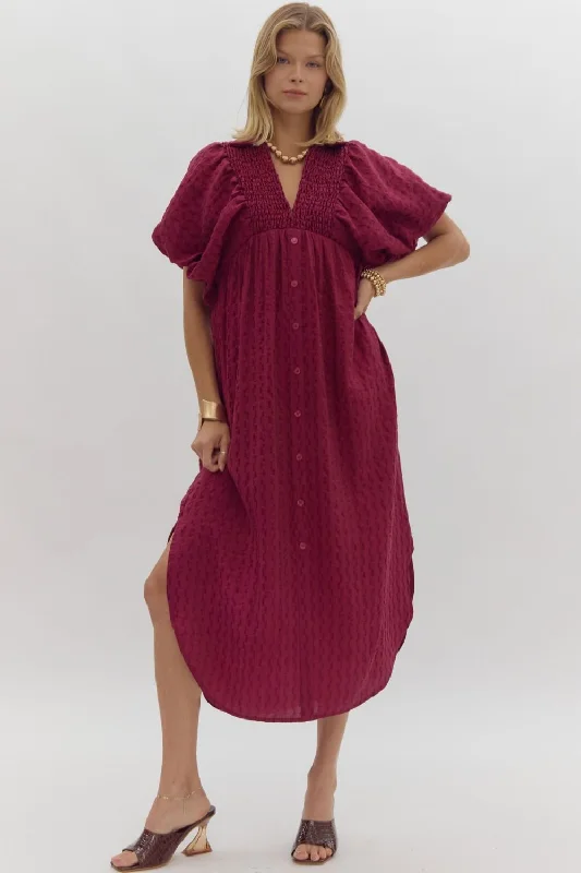 Clearance Event Textured Puff Sleeve Midi Dress, Plum