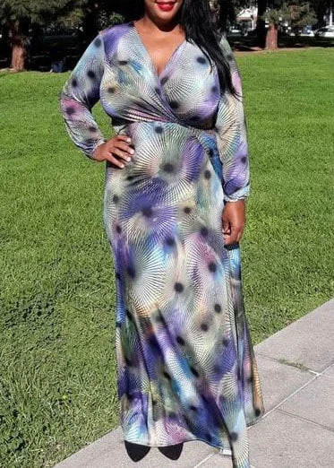 Special Offers Hi Curvy Plus Size Women Unique Print Overlap Wrap Maxi Dress