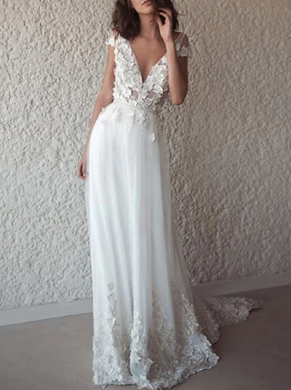 Trend Forward Threads Women V-Neck Wedding Dresses Long Lace Appliques Bridal Gowns YWD147