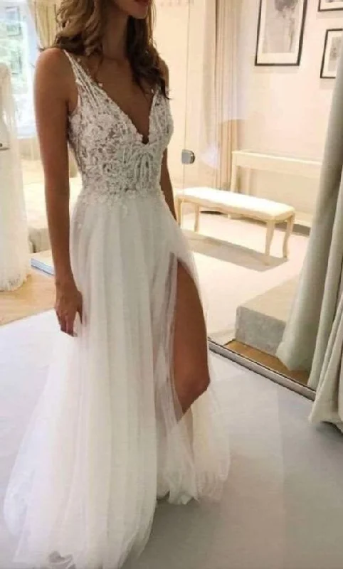 Cutting Edge Fashion Beach wedding dress with straps Boho lace prom dress with a slit on the sides  cg12107