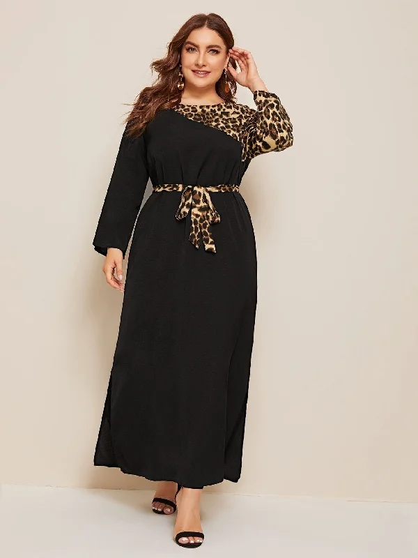 Everyday Wear Plus Contrast Leopard Print Belted Maxi Dress