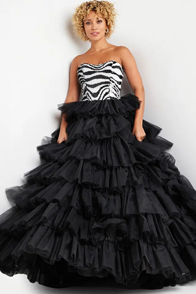 Fashion Frontiers Jovani 38360 Long Prom DressBlack White Sequin Strapless Bodice Ballgown Formal Pageant  Gown