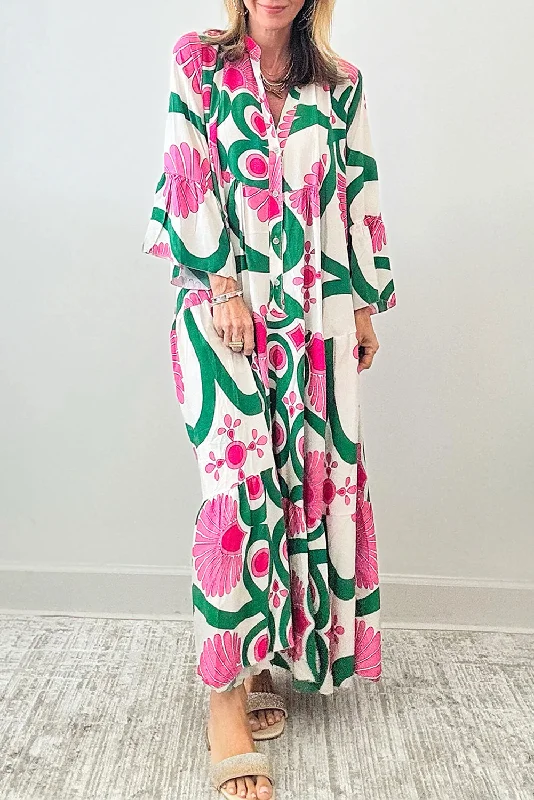 Elegant Simplicity Wardrobe Printed Notched Long Sleeve Maxi Dress