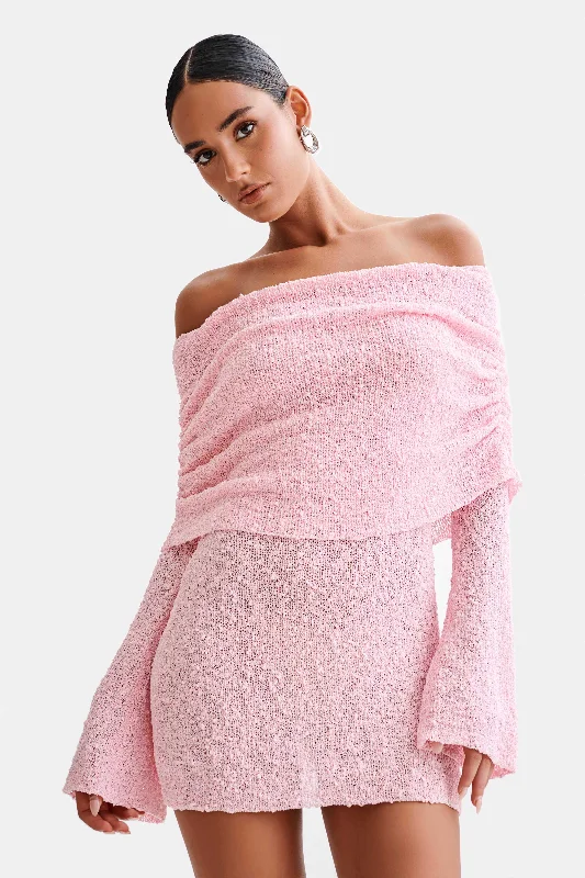 Now On Sale For Chic Urban Styles Marisol Off Shoulder Boucle Mini Dress - Baby Pink