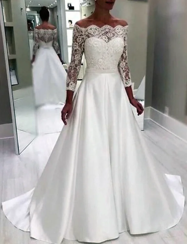 Spring Wardrobe Women A-Line Appliques Wedding Dresses Long Sleeves Lace Bridal Gowns YWD177