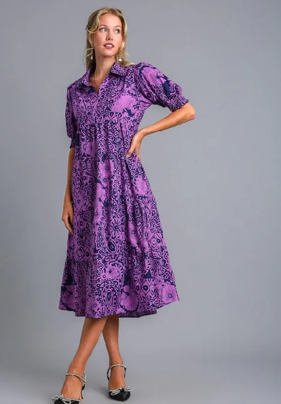 Chic Trends Unveiled Abstract Print Midi Dress, Eggplant