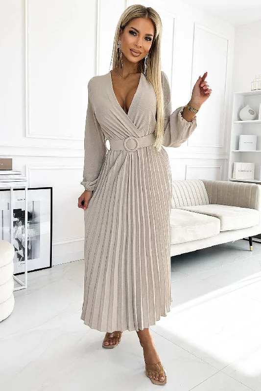 Fashionista Favorites Numoco Basic 504-2 VIVIANA Pleated midi dress with a neckline, long sleeves and a wide belt - beige colour