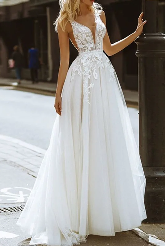 Casual Chic Clothing Women Lace Appliques Wedding Dresses Long V-Neck Bridal Gowns YWD122