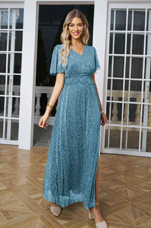 Limited Time Deal V-Neck High Slit Glitter Maxi Dress