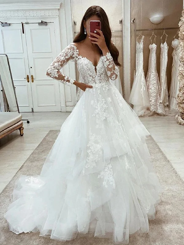 Trend Alert Women Lace Appliques Wedding Dresses Long Sleeves Bridal Gowns YWD131