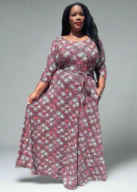 The Good Stuff Plus Size Unique pattern loose Fit Pleats Flare Maxi Dress with Pockets